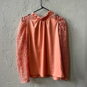 Coral Alice blue blouse with crocheted sleeves
